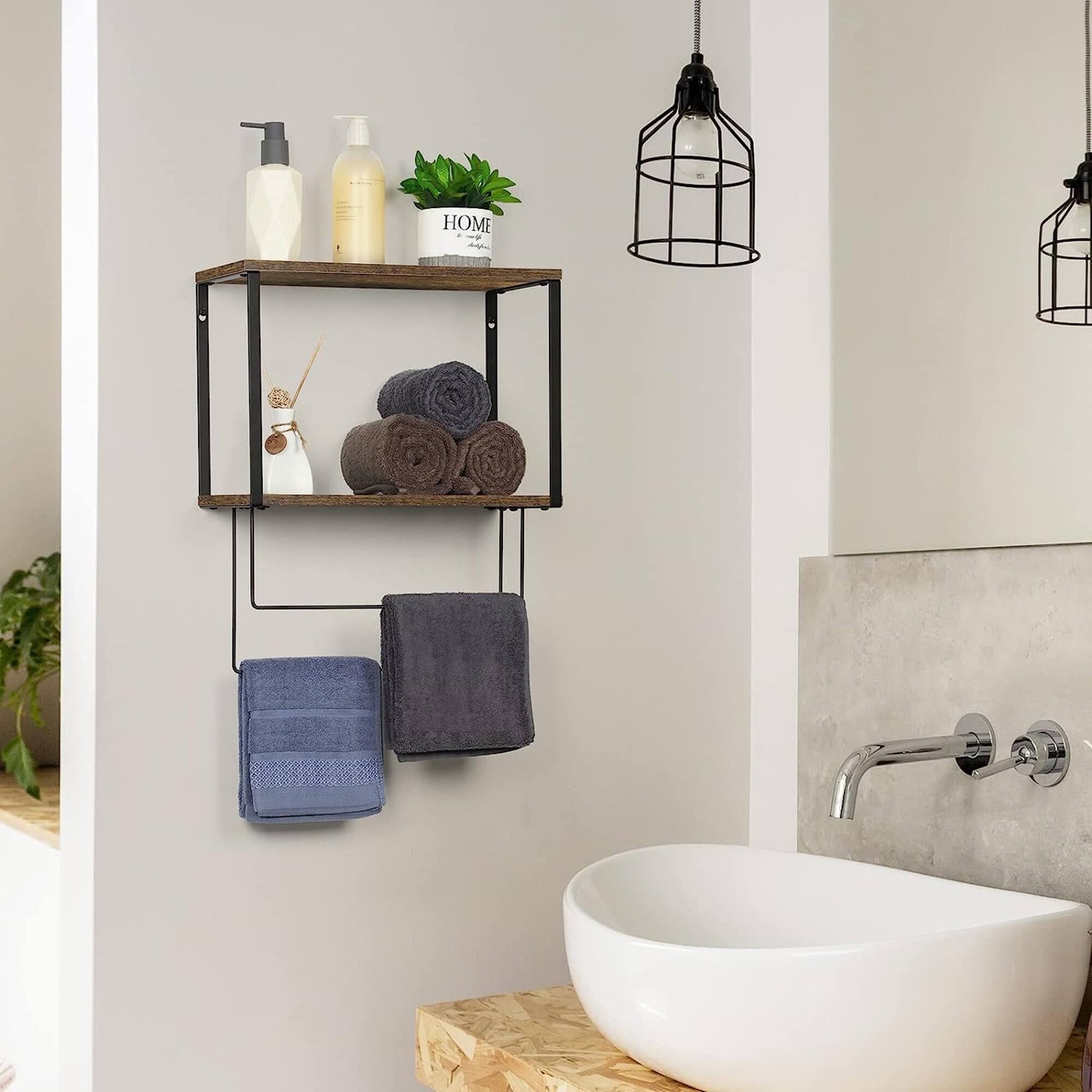 Brown Wood Wall Mount Bathroom 2 Tier Towel Shelf